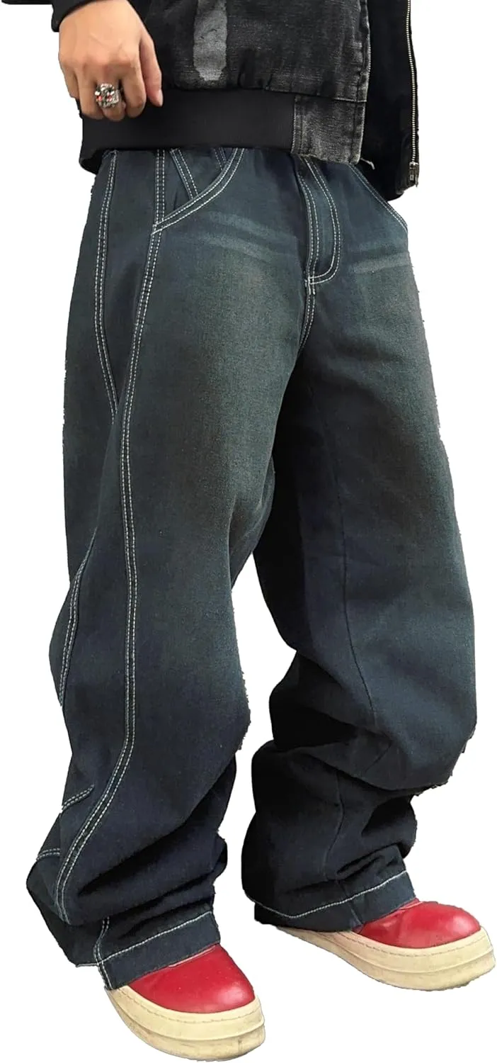 Mens Irregular Sutures Baggy Jeans with Angled Pocket Y2k Hip Hop Wide Leg Denim Pants