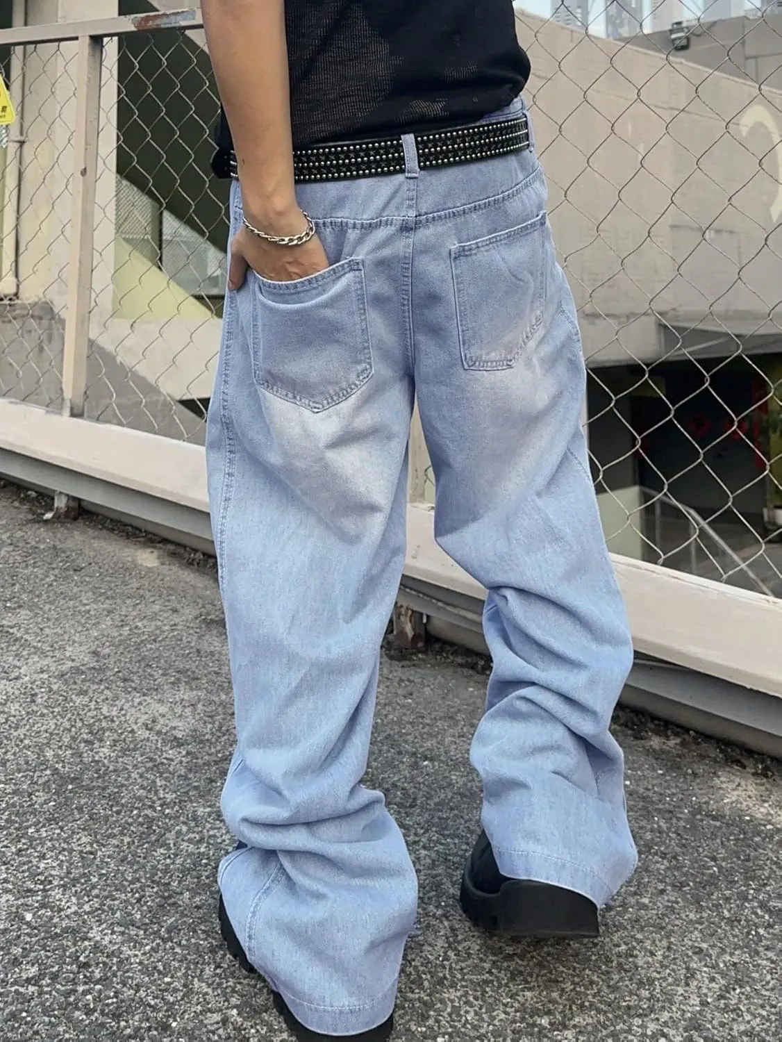 Mens Irregular Sutures Baggy Jeans with Angled Pocket Y2k Hip Hop Wide Leg Denim Pants