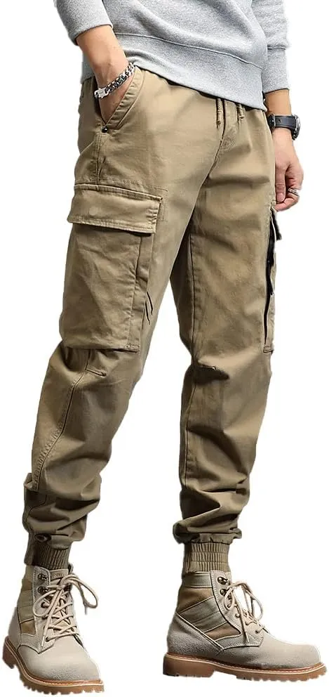 Men's Military Army Cargo Pants Outdoor Cotton Tactical Work Pants Drawstring Slim Fit Trousers