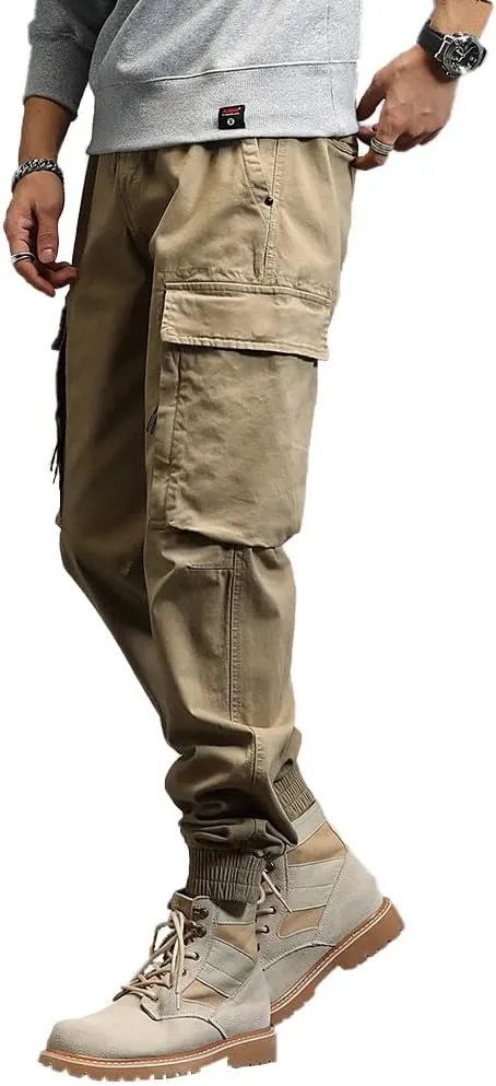 Men's Military Army Cargo Pants Outdoor Cotton Tactical Work Pants Drawstring Slim Fit Trousers