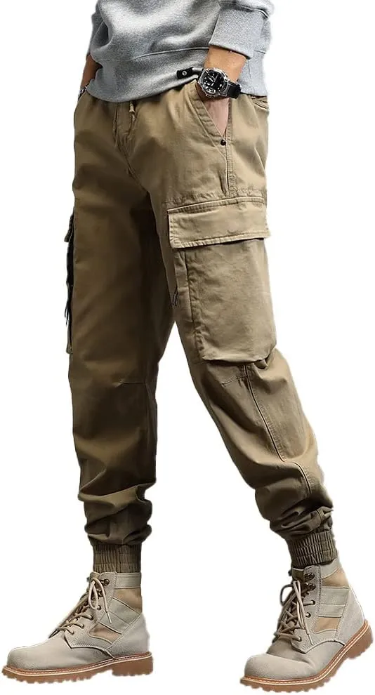 Men's Military Army Cargo Pants Outdoor Cotton Tactical Work Pants Drawstring Slim Fit Trousers