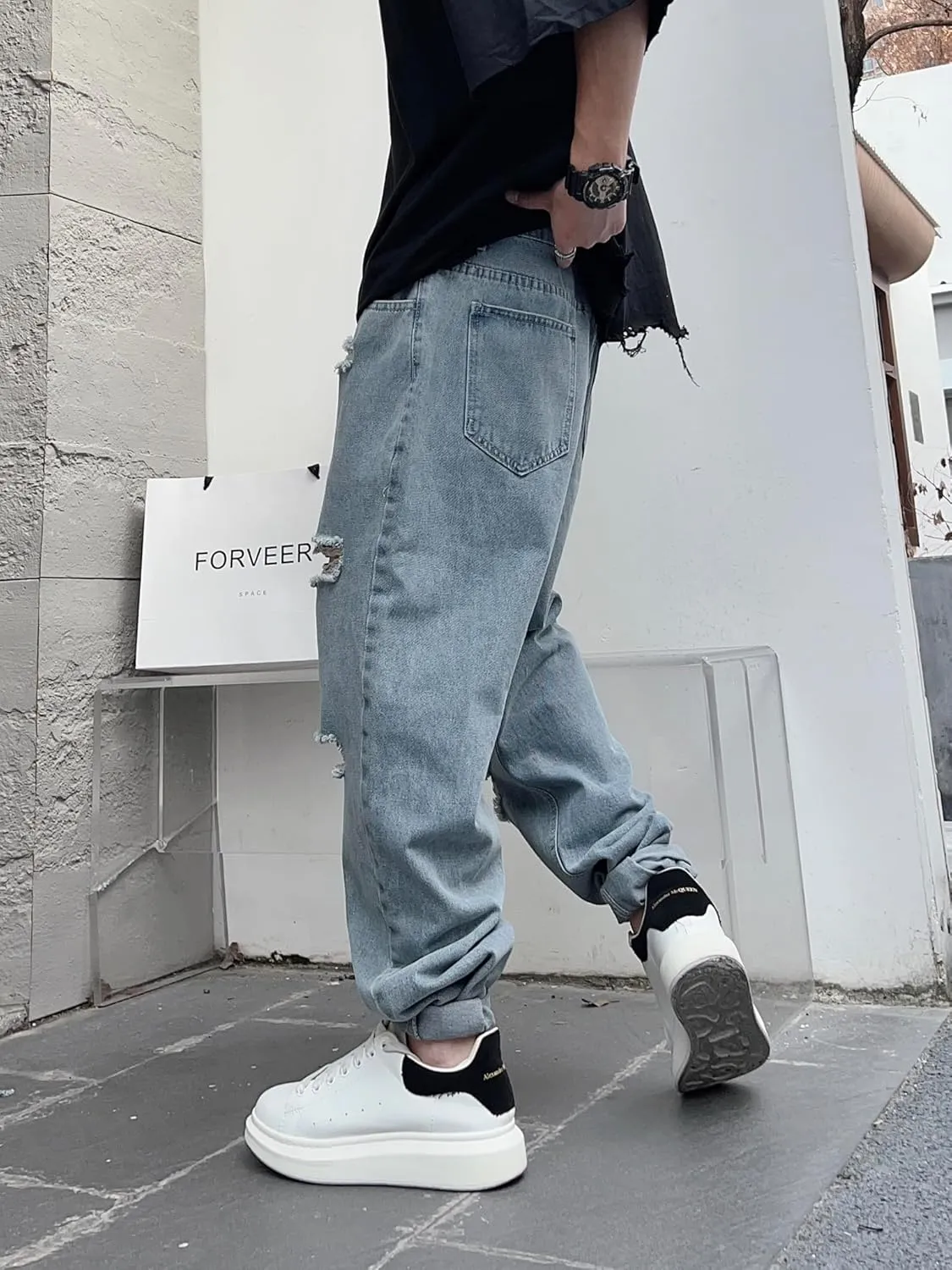 Men's Ripped Baggy Taper Jeans Tapered Leg Hip Hop Harem Denim Pants Trousers