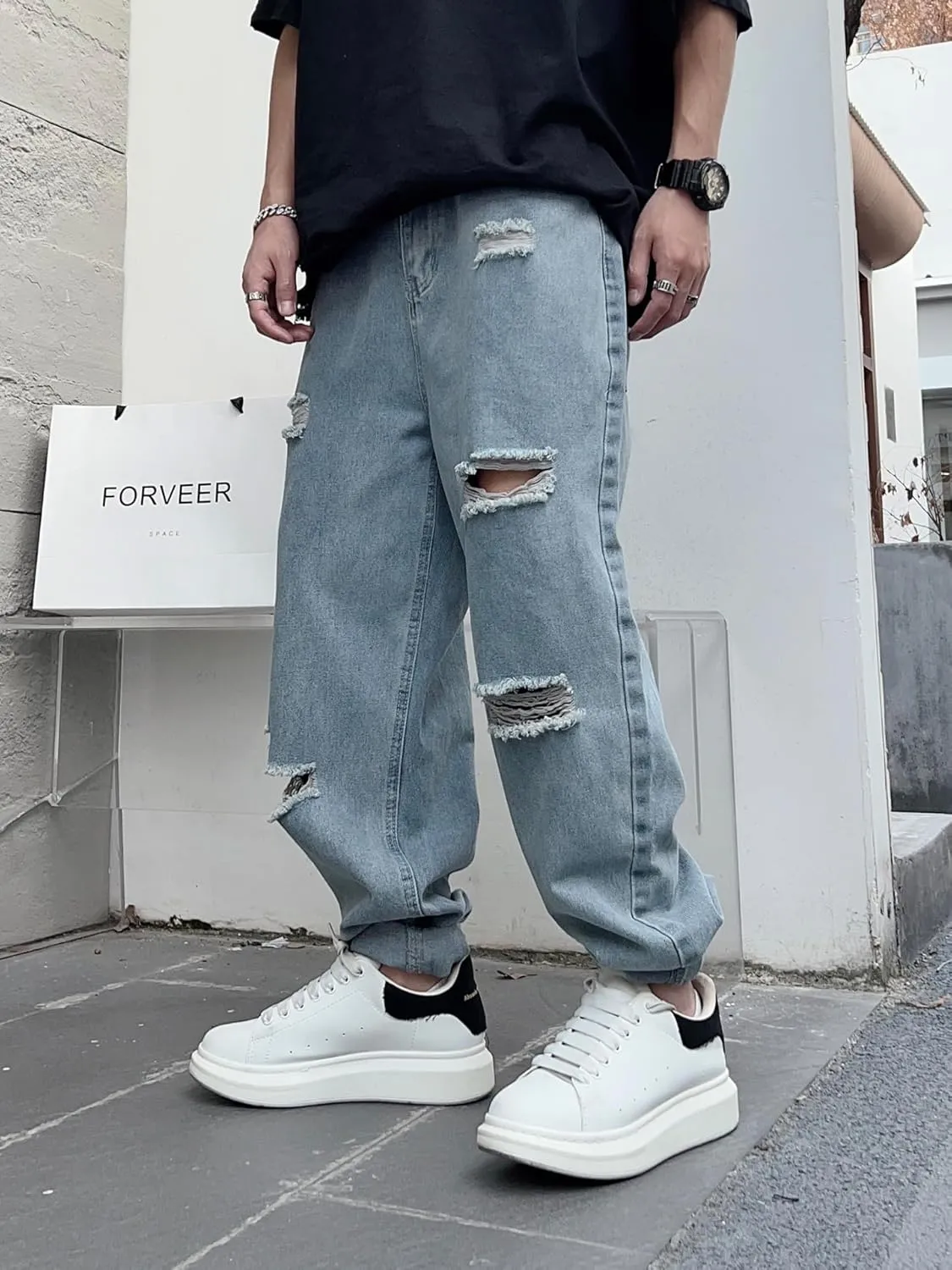 Men's Ripped Baggy Taper Jeans Tapered Leg Hip Hop Harem Denim Pants Trousers