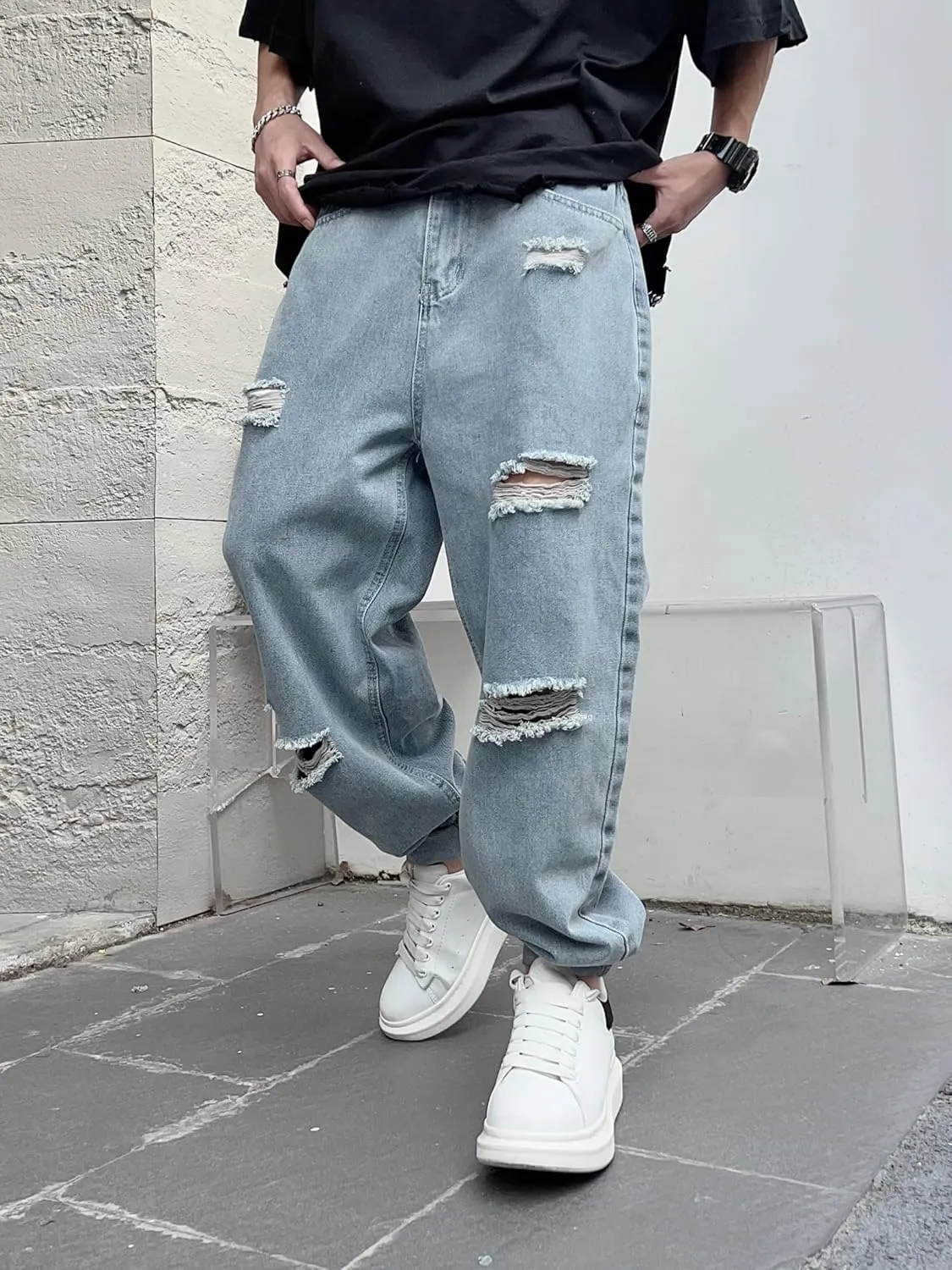 Men's Ripped Baggy Taper Jeans Tapered Leg Hip Hop Harem Denim Pants Trousers