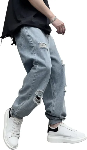 Men's Ripped Baggy Taper Jeans Tapered Leg Hip Hop Harem Denim Pants Trousers