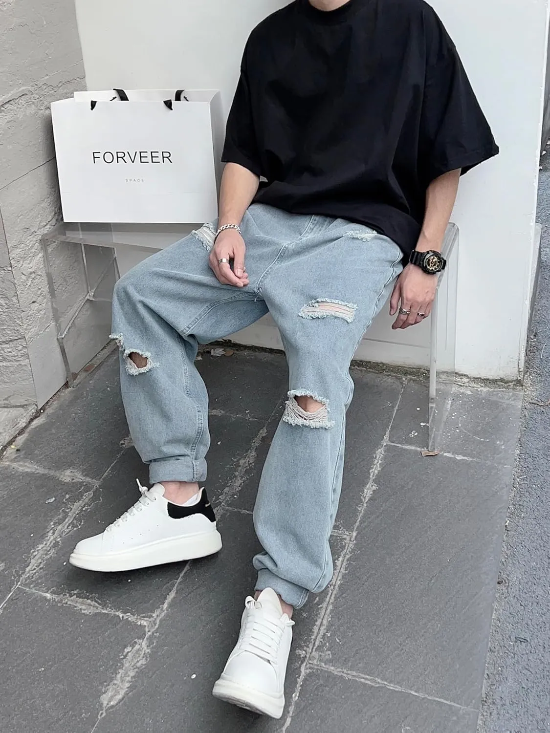 Men's Ripped Baggy Taper Jeans Tapered Leg Hip Hop Harem Denim Pants Trousers