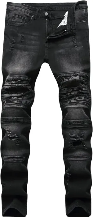 Men's Ripped Straight Holes Hip Hop Biker Stretchy Jeans