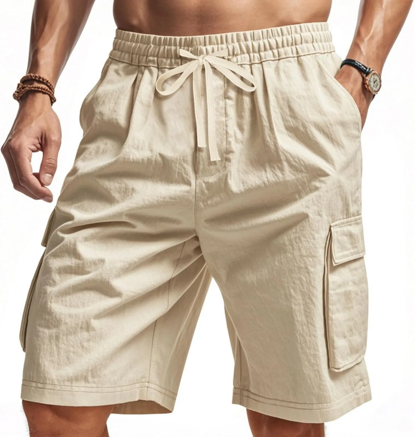 Mens Shorts Cargo Shorts Classic Summer Lightweight with Pocket Elastic Waist Drawstring Pants for Running Athletic Beach