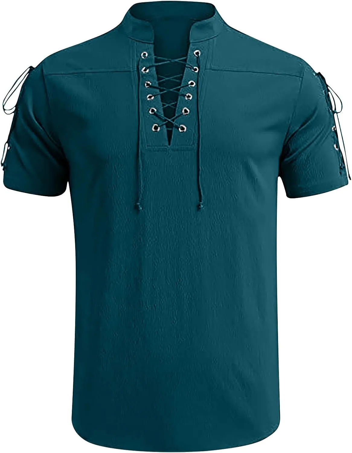 Men's Summer Half-Sleeve Shirts Workout Fitness Sports Breathable Lightweight Beach Shirts Lace-Up Casual Tunic Tops