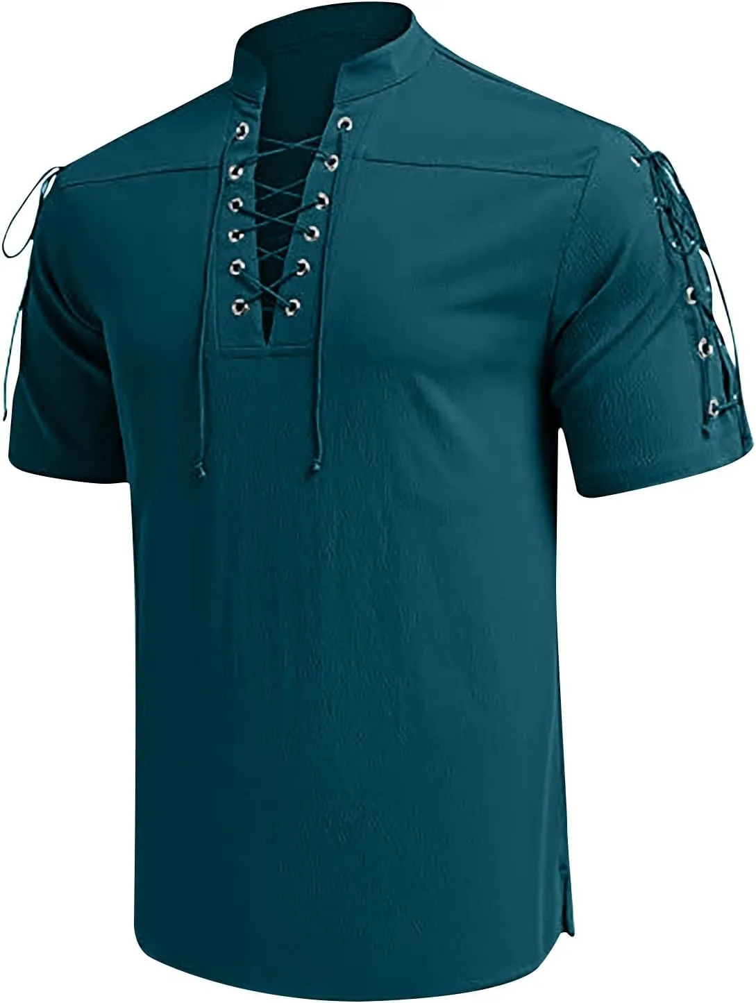 Men's Summer Half-Sleeve Shirts Workout Fitness Sports Breathable Lightweight Beach Shirts Lace-Up Casual Tunic Tops