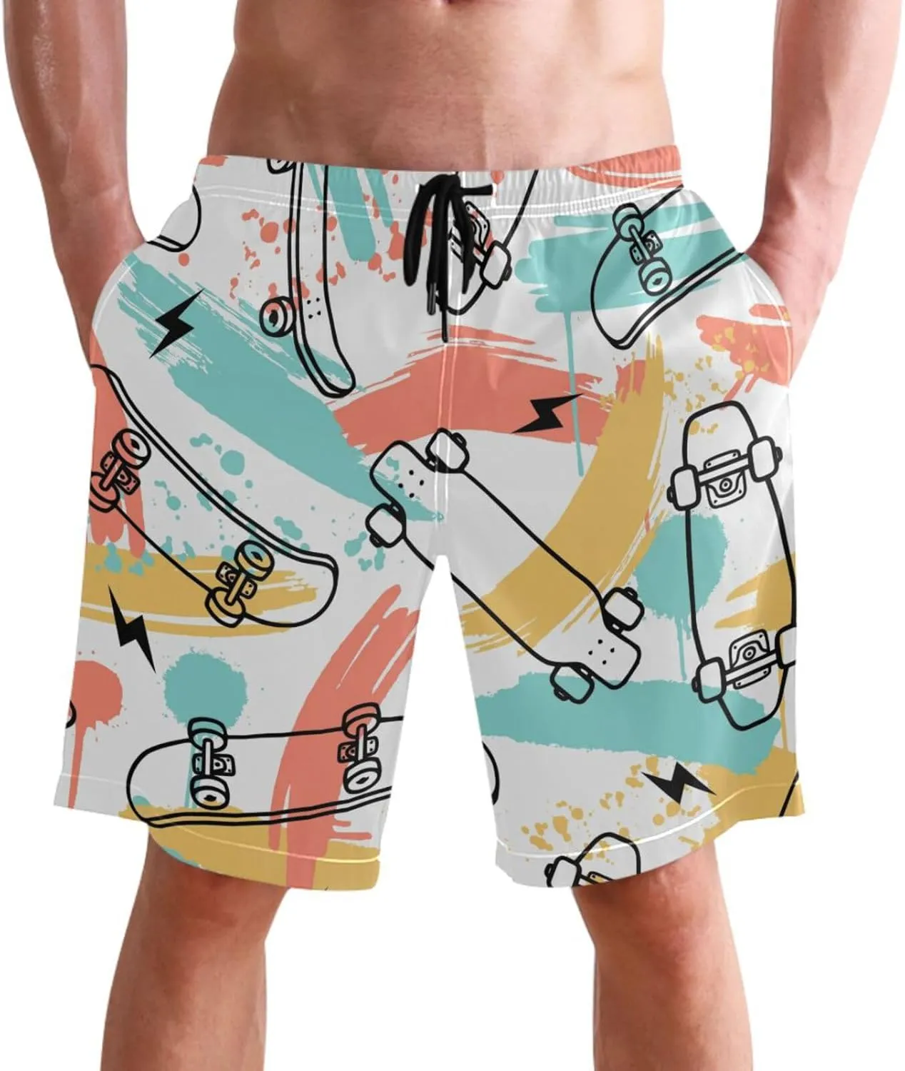 Men's Swim Trunks Quick Dry Swimming Shorts with Pocket Skateboarding Seamless Pattern Swimsuit Trunks