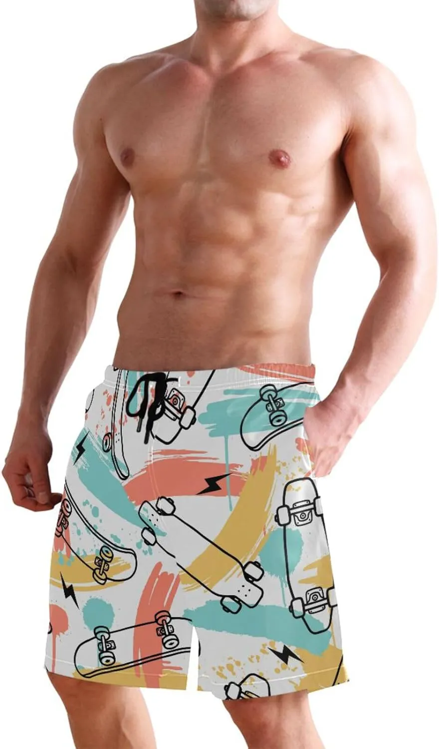 Men's Swim Trunks Quick Dry Swimming Shorts with Pocket Skateboarding Seamless Pattern Swimsuit Trunks