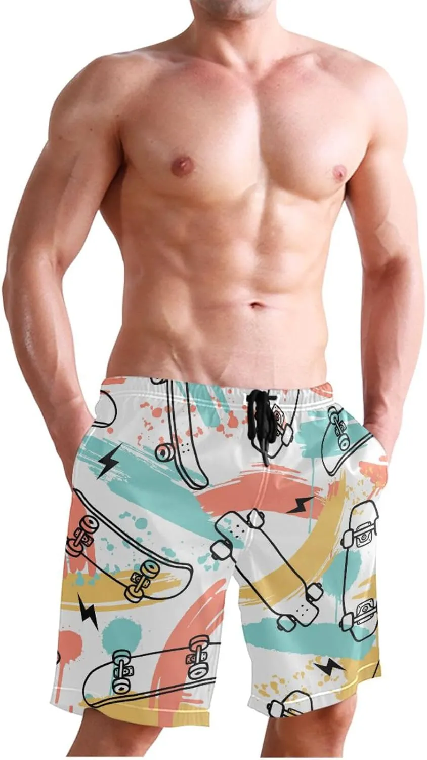 Men's Swim Trunks Quick Dry Swimming Shorts with Pocket Skateboarding Seamless Pattern Swimsuit Trunks