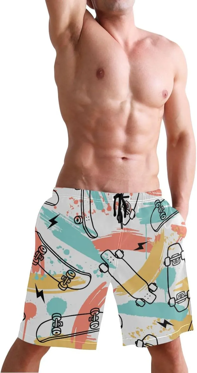 Men's Swim Trunks Quick Dry Swimming Shorts with Pocket Skateboarding Seamless Pattern Swimsuit Trunks