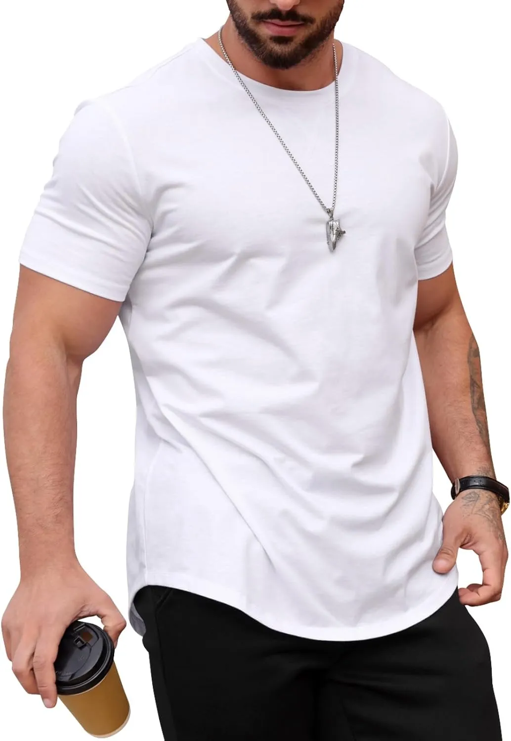 Mens T Shirts Casual Hipster Hip Hop Longline Crewneck Tee Shirts