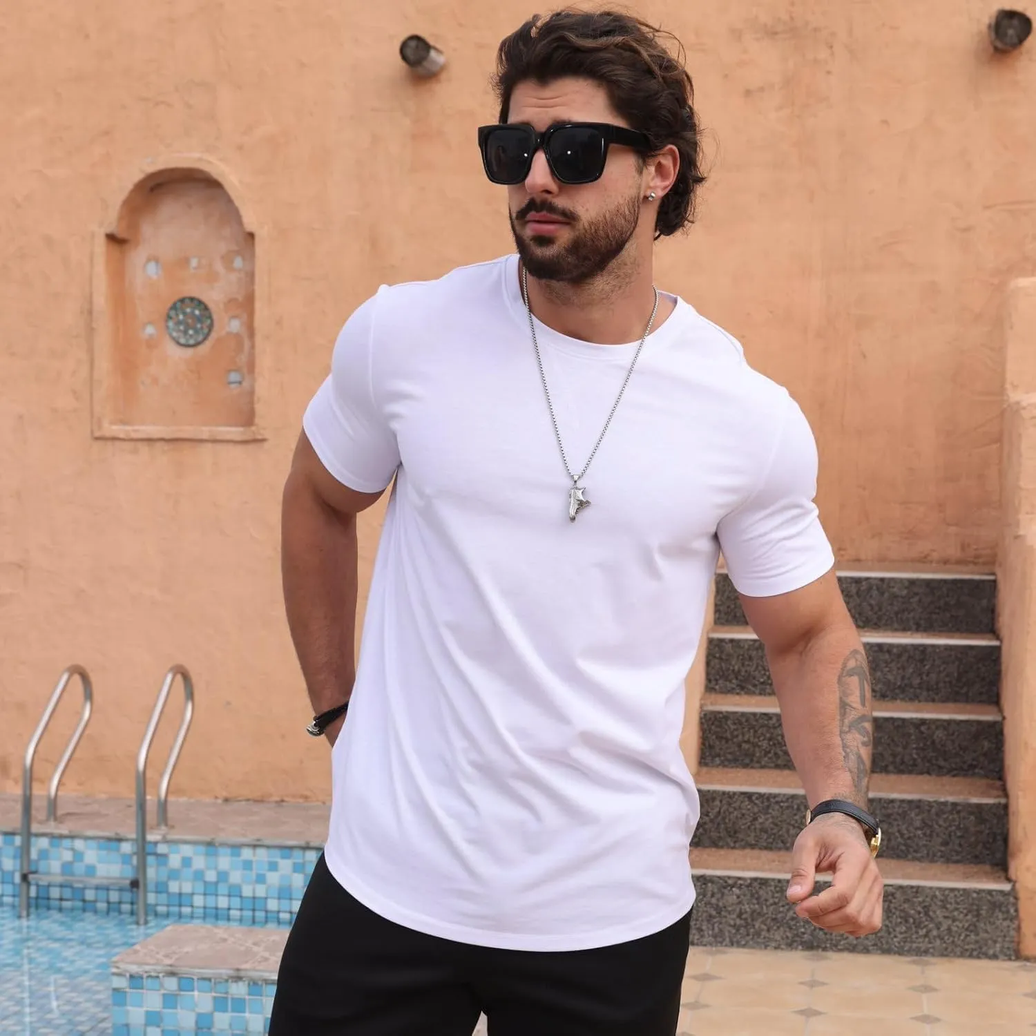Mens T Shirts Casual Hipster Hip Hop Longline Crewneck Tee Shirts