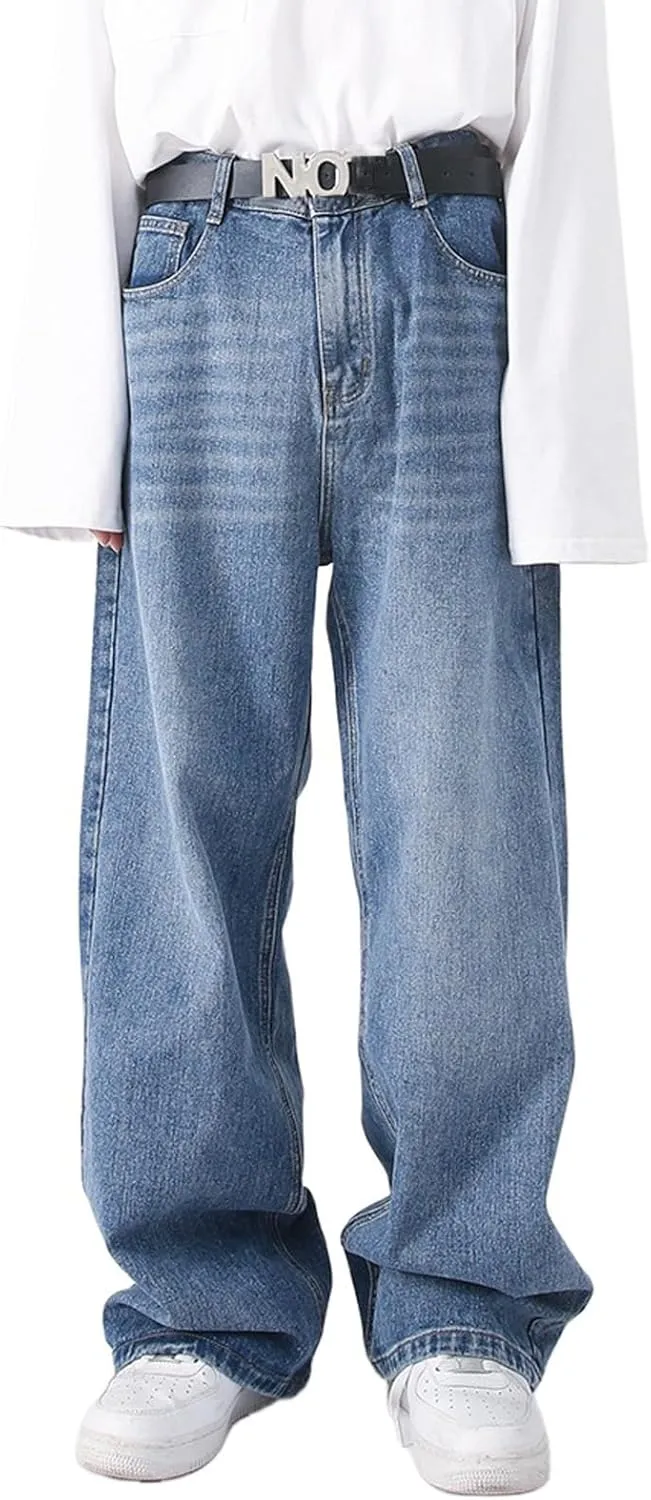 Mens Teen Boys Baggy Skater Jeans Mid Rise Wide Leg Hip Hop Jeans Vintage 90s Casual Loose Denim Pants