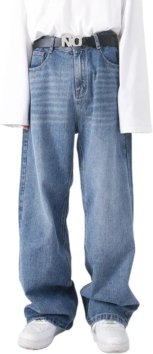 Mens Teen Boys Baggy Skater Jeans Mid Rise Wide Leg Hip Hop Jeans Vintage 90s Casual Loose Denim Pants
