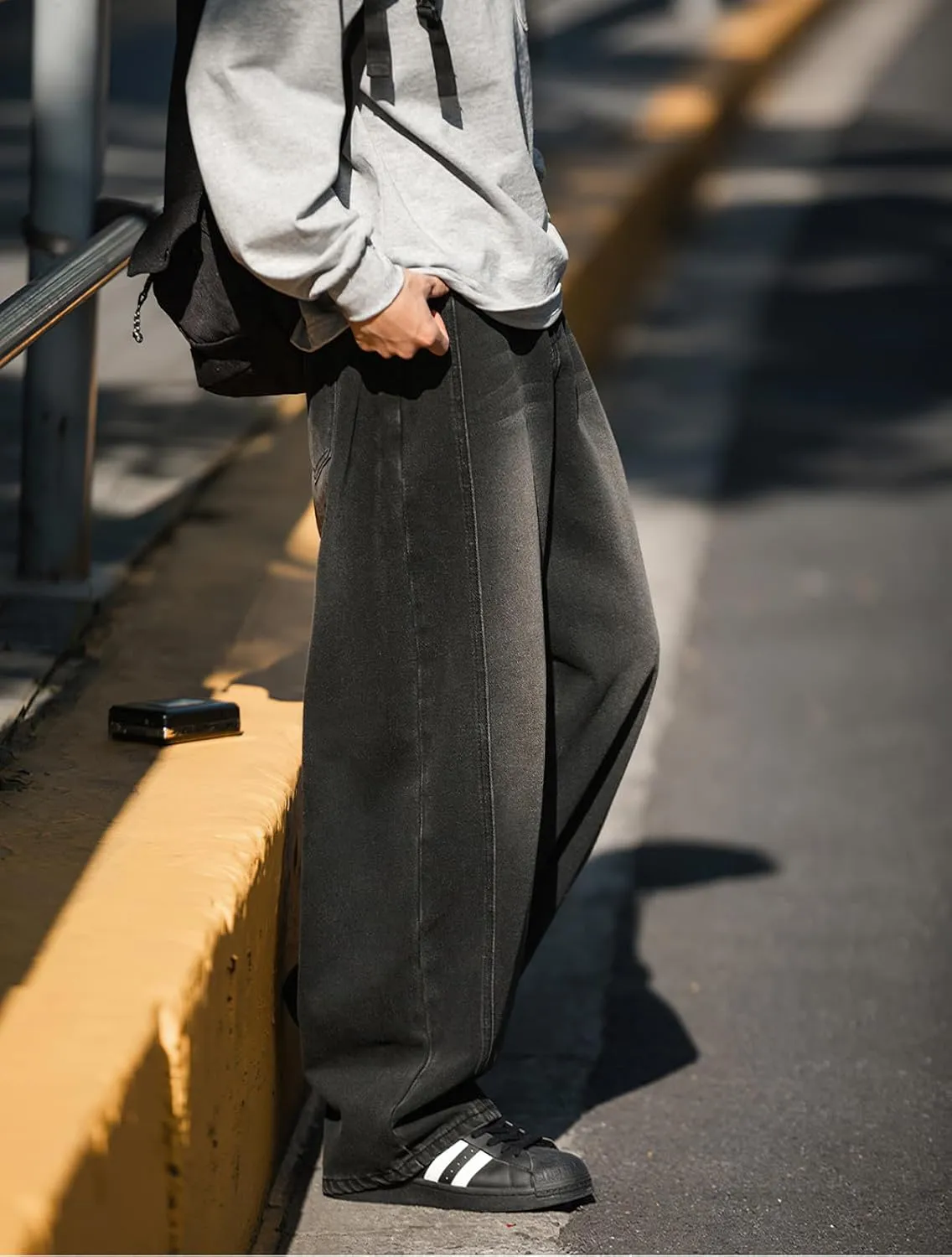 Mens Wide Leg Jeans Mid Rise Baggy Skater Jeans Casual Loose Hip Hop Barrel Denim Pants Streetwear