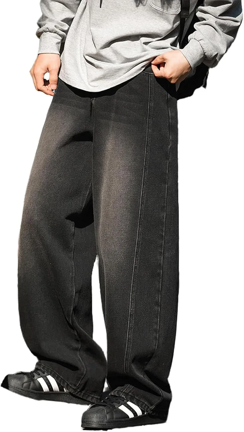 Mens Wide Leg Jeans Mid Rise Baggy Skater Jeans Casual Loose Hip Hop Barrel Denim Pants Streetwear