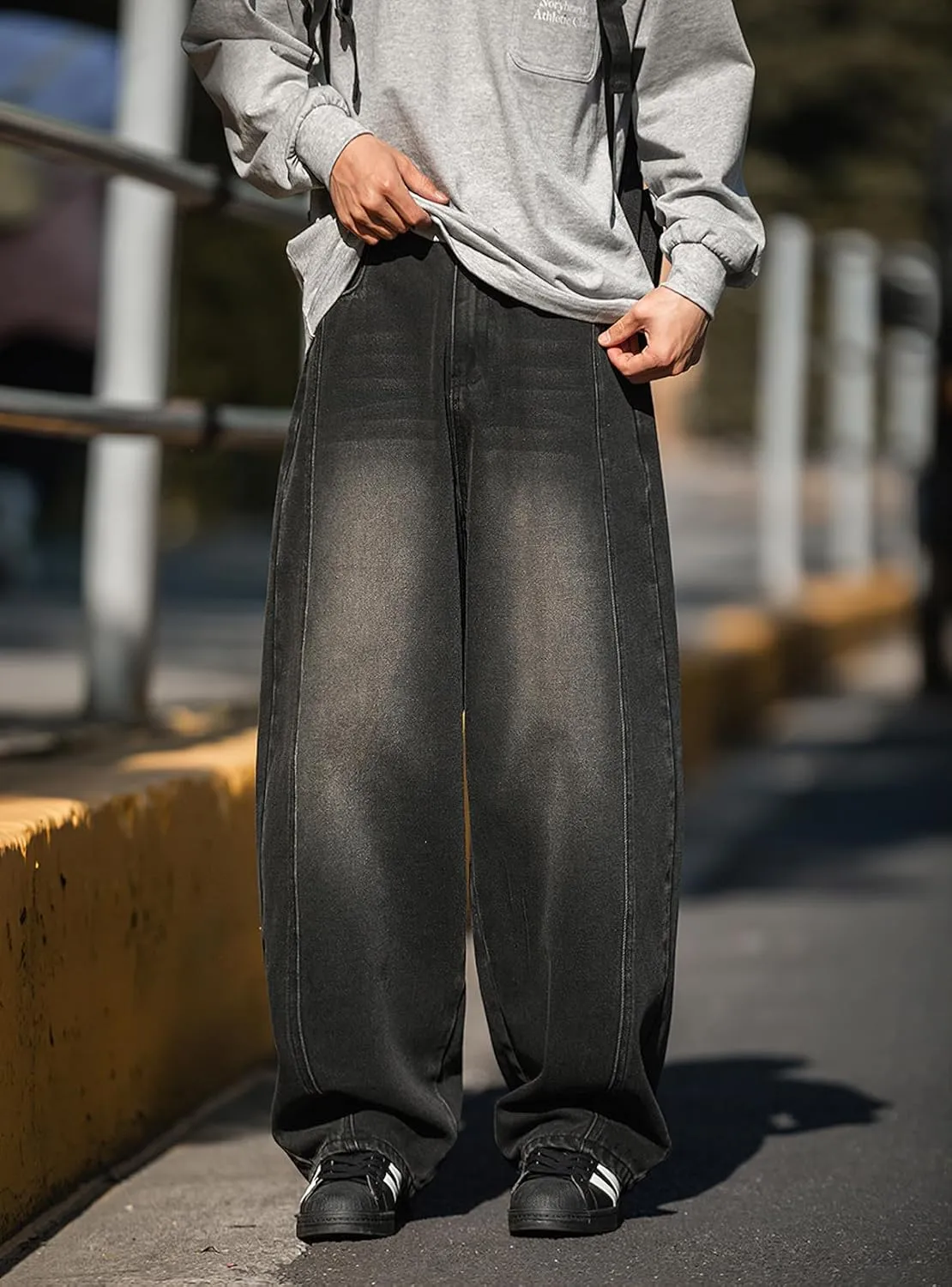 Mens Wide Leg Jeans Mid Rise Baggy Skater Jeans Casual Loose Hip Hop Barrel Denim Pants Streetwear