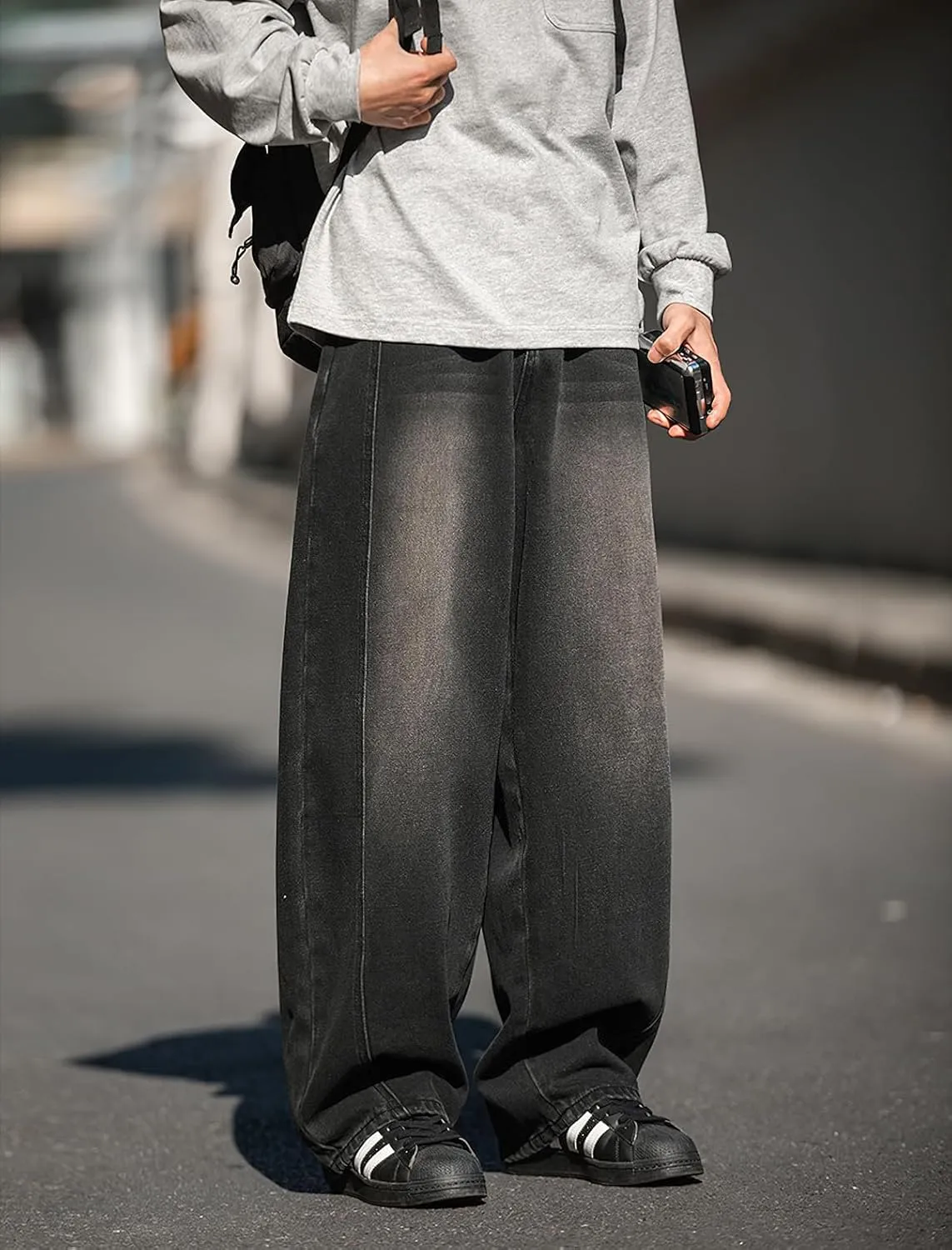 Mens Wide Leg Jeans Mid Rise Baggy Skater Jeans Casual Loose Hip Hop Barrel Denim Pants Streetwear