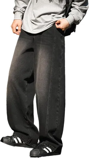 Mens Wide Leg Jeans Mid Rise Baggy Skater Jeans Casual Loose Hip Hop Barrel Denim Pants Streetwear