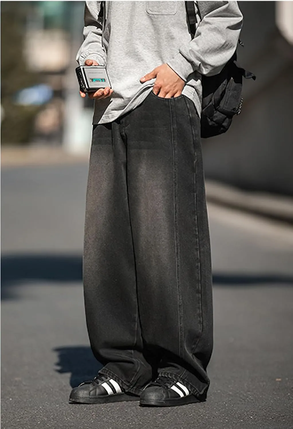 Mens Wide Leg Jeans Mid Rise Baggy Skater Jeans Casual Loose Hip Hop Barrel Denim Pants Streetwear