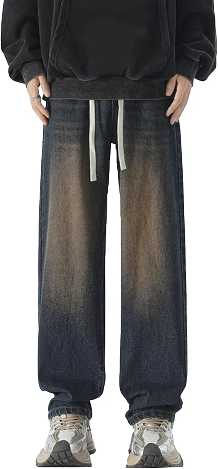 Mens Wide Leg Stylish Skater Jeans Casual Loose Fit Denim Pants Vintage Streetwear Hip Hop Jeggings
