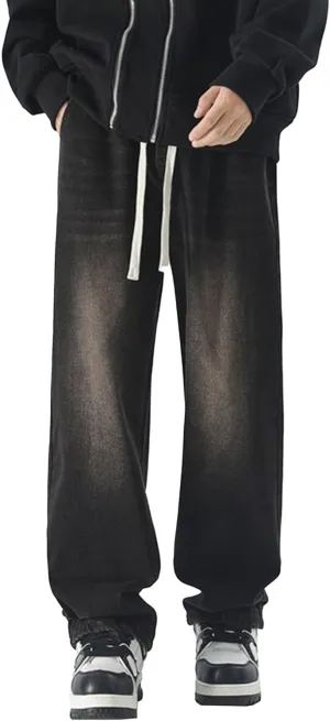Mens Wide Leg Stylish Skater Jeans Casual Loose Fit Denim Pants Vintage Streetwear Hip Hop Jeggings