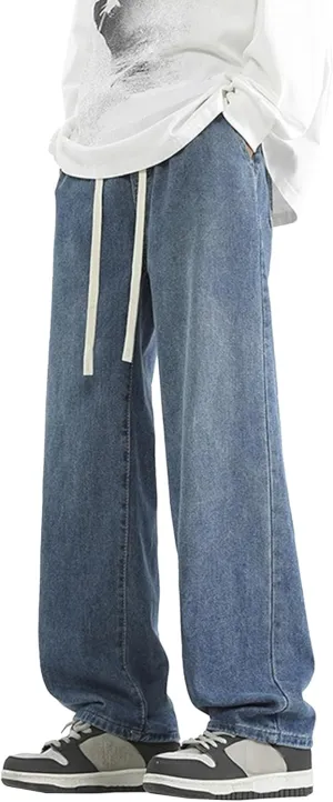 Mens Wide Leg Stylish Skater Jeans Casual Loose Fit Denim Pants Vintage Streetwear Hip Hop Jeggings