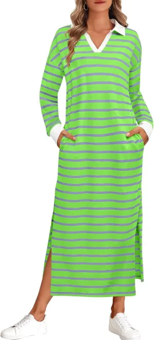 MEROKEETY Women's 2024 Fall Long Sleeve Striped Dress V Neck Collared Side Slit Casual Maxi Dresses