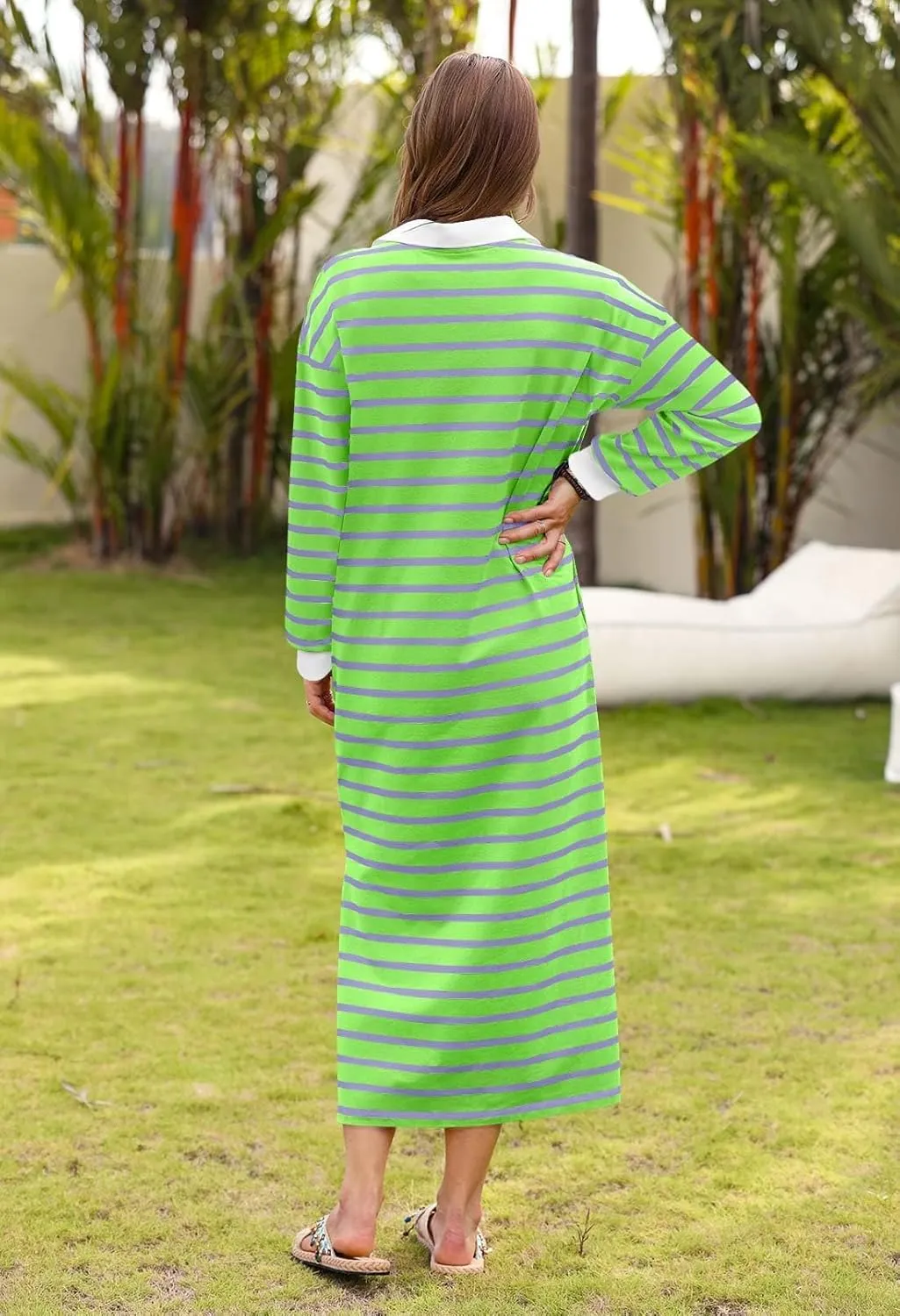 MEROKEETY Women's 2024 Fall Long Sleeve Striped Dress V Neck Collared Side Slit Casual Maxi Dresses