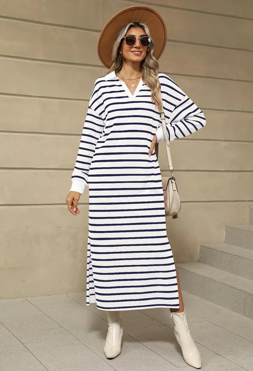 MEROKEETY Women's 2024 Fall Long Sleeve Striped Dress V Neck Collared Side Slit Casual Maxi Dresses