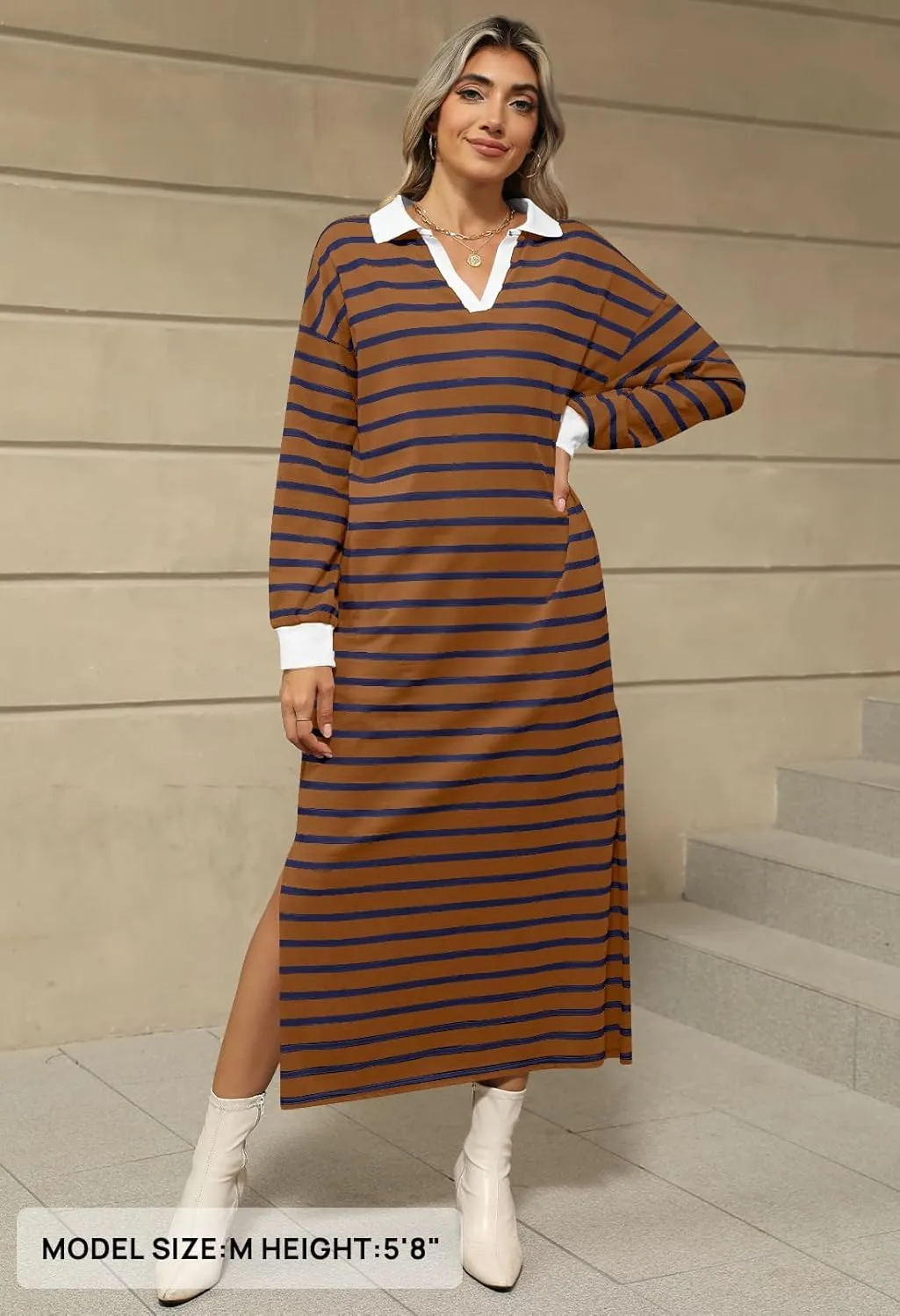 MEROKEETY Women's 2024 Fall Long Sleeve Striped Dress V Neck Collared Side Slit Casual Maxi Dresses