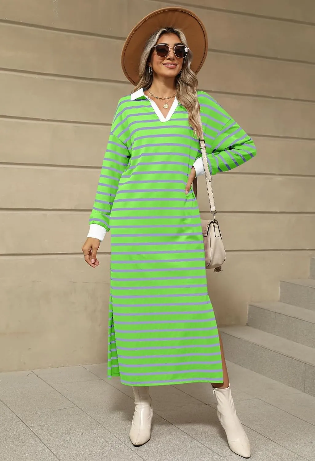 MEROKEETY Women's 2024 Fall Long Sleeve Striped Dress V Neck Collared Side Slit Casual Maxi Dresses