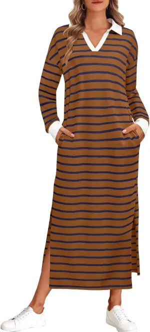 MEROKEETY Women's 2024 Fall Long Sleeve Striped Dress V Neck Collared Side Slit Casual Maxi Dresses