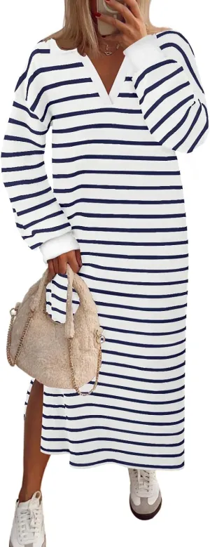 MEROKEETY Women's 2024 Fall Long Sleeve Striped Dress V Neck Collared Side Slit Casual Maxi Dresses
