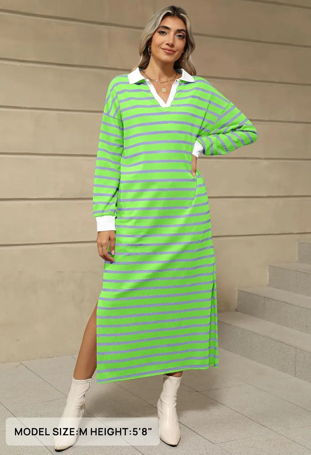 MEROKEETY Women's 2024 Fall Long Sleeve Striped Dress V Neck Collared Side Slit Casual Maxi Dresses
