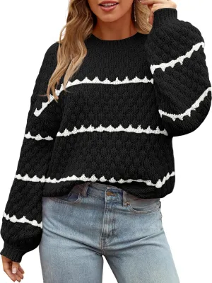 MEROKEETY Women's Striped Long Sleeve Pullover Sweater Crew Neck Oversized Fall Casual Knit Jumper Tops