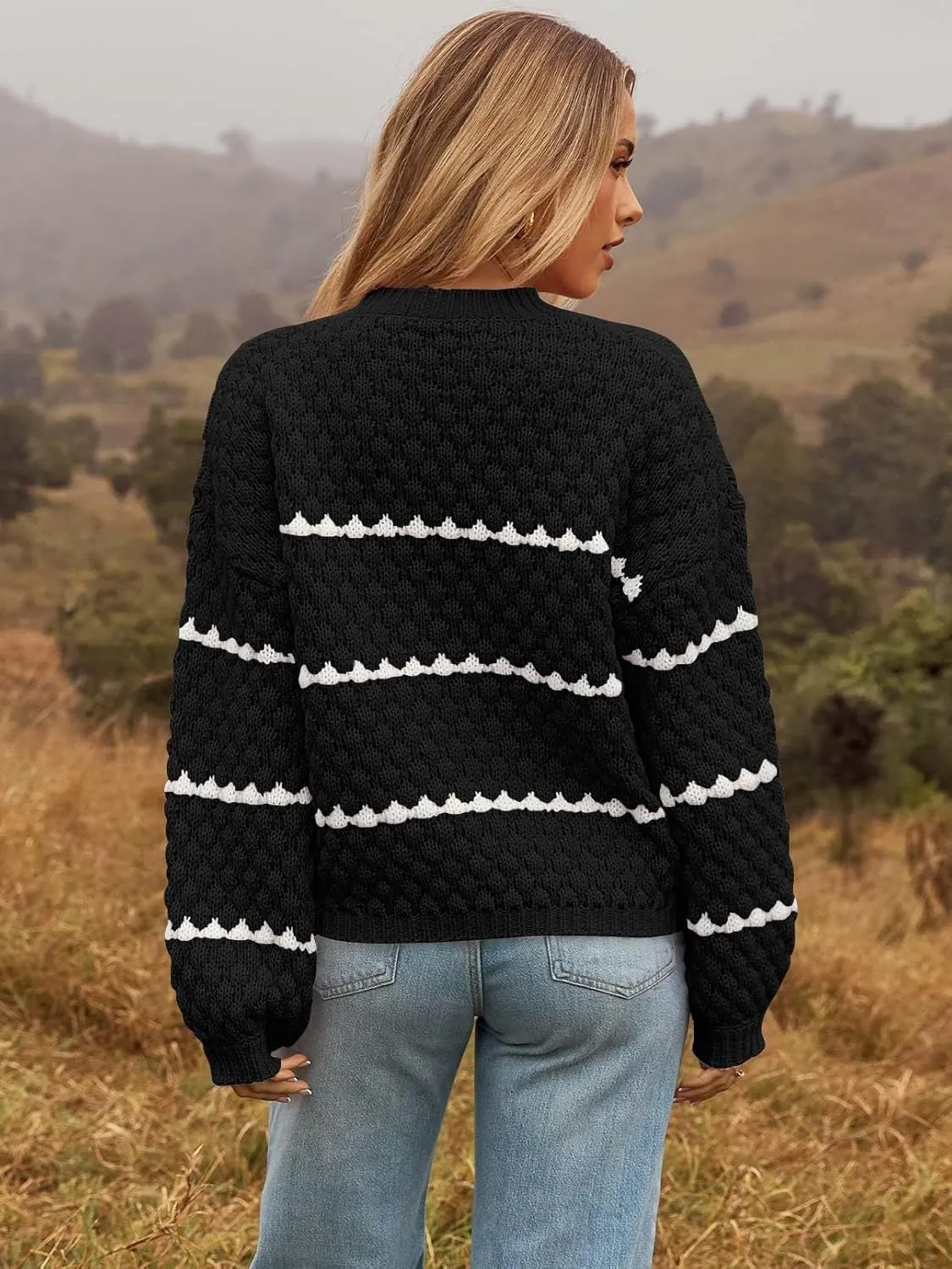 MEROKEETY Women's Striped Long Sleeve Pullover Sweater Crew Neck Oversized Fall Casual Knit Jumper Tops