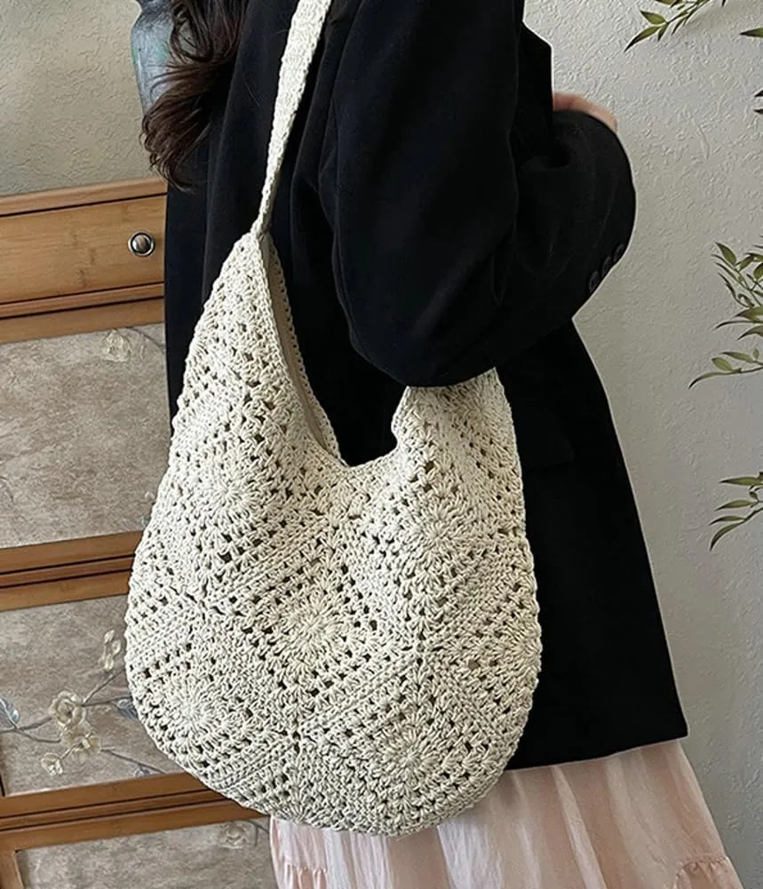 Mesh Beach Tote Bag, Woven Summer Vacation Aesthetic Boho Tote Bag for Women Shoulder Shopping Handbag Stylish crossbody