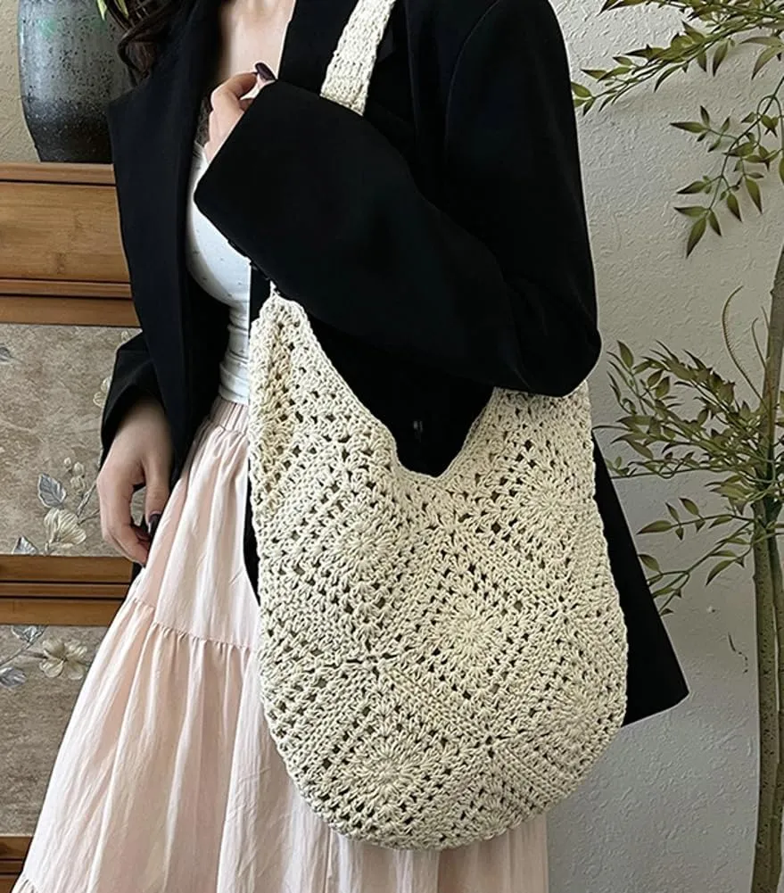 Mesh Beach Tote Bag, Woven Summer Vacation Aesthetic Boho Tote Bag for Women Shoulder Shopping Handbag Stylish crossbody