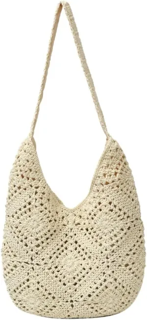 Mesh Beach Tote Bag, Woven Summer Vacation Aesthetic Boho Tote Bag for Women Shoulder Shopping Handbag Stylish crossbody