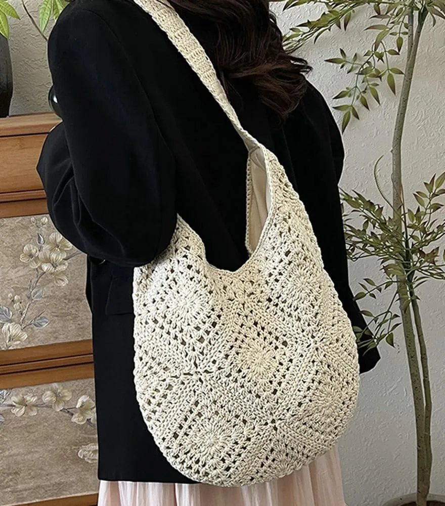 Mesh Beach Tote Bag, Woven Summer Vacation Aesthetic Boho Tote Bag for Women Shoulder Shopping Handbag Stylish crossbody