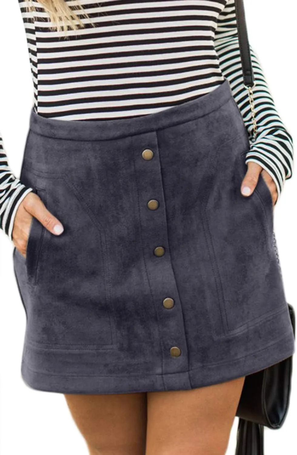 Meyeeka Women's Button Front Faux Suede High Waist A-line Mini Skirt with Pocket