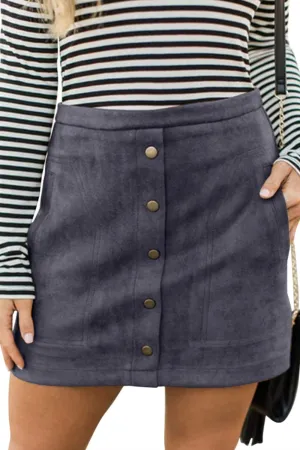 Meyeeka Women's Button Front Faux Suede High Waist A-line Mini Skirt with Pocket