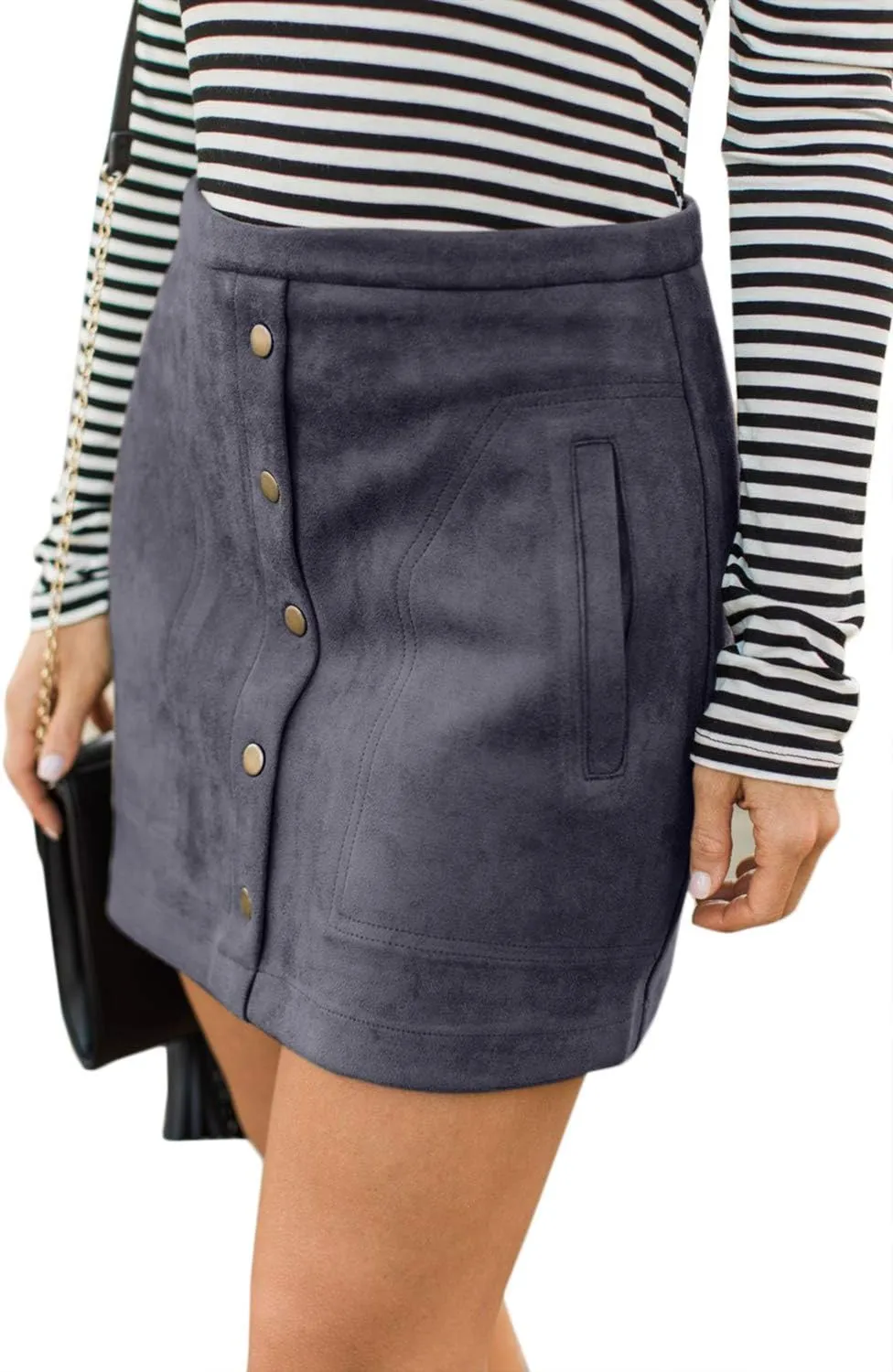 Meyeeka Women's Button Front Faux Suede High Waist A-line Mini Skirt with Pocket