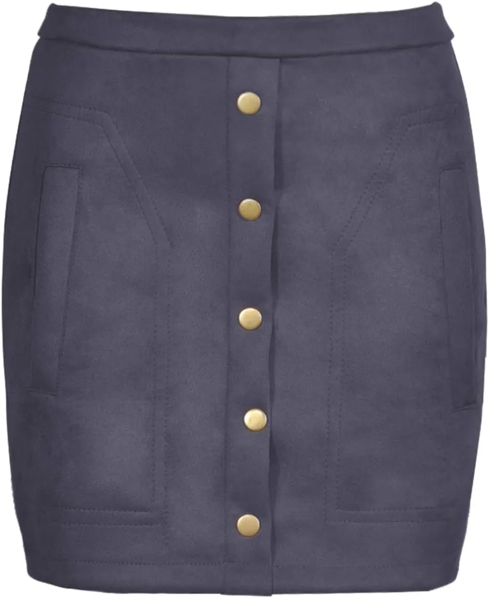 Meyeeka Women's Button Front Faux Suede High Waist A-line Mini Skirt with Pocket