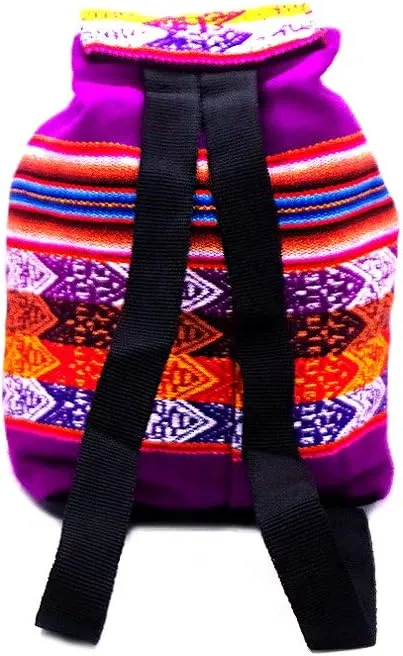 Mia Jewel Shop Mini Multicolored Peruvian Tribal Print Striped Pattern Lightweight Drawstring Backpack - Handmade Bags Boho Accessories (Purple)